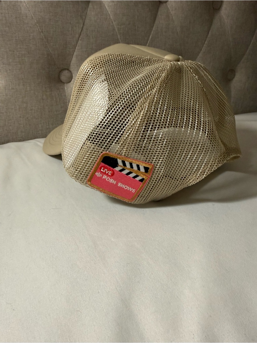 Beige Mesh Trucker Hat with Pink Patch